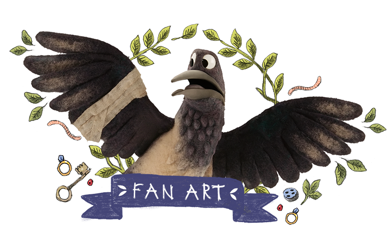 Magpie with spread wings with a sign saying Fan Art